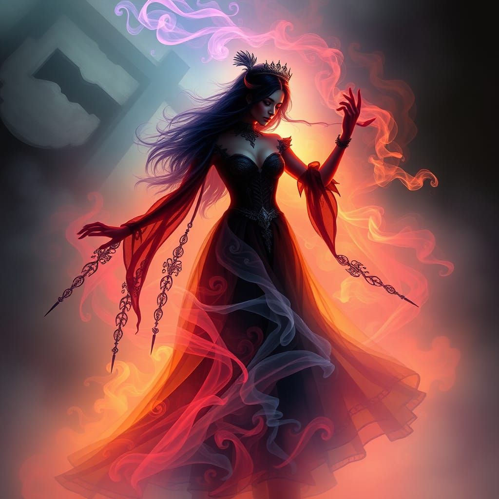 Gothic Woman Dancing with Rainbow Smoke Silhouette