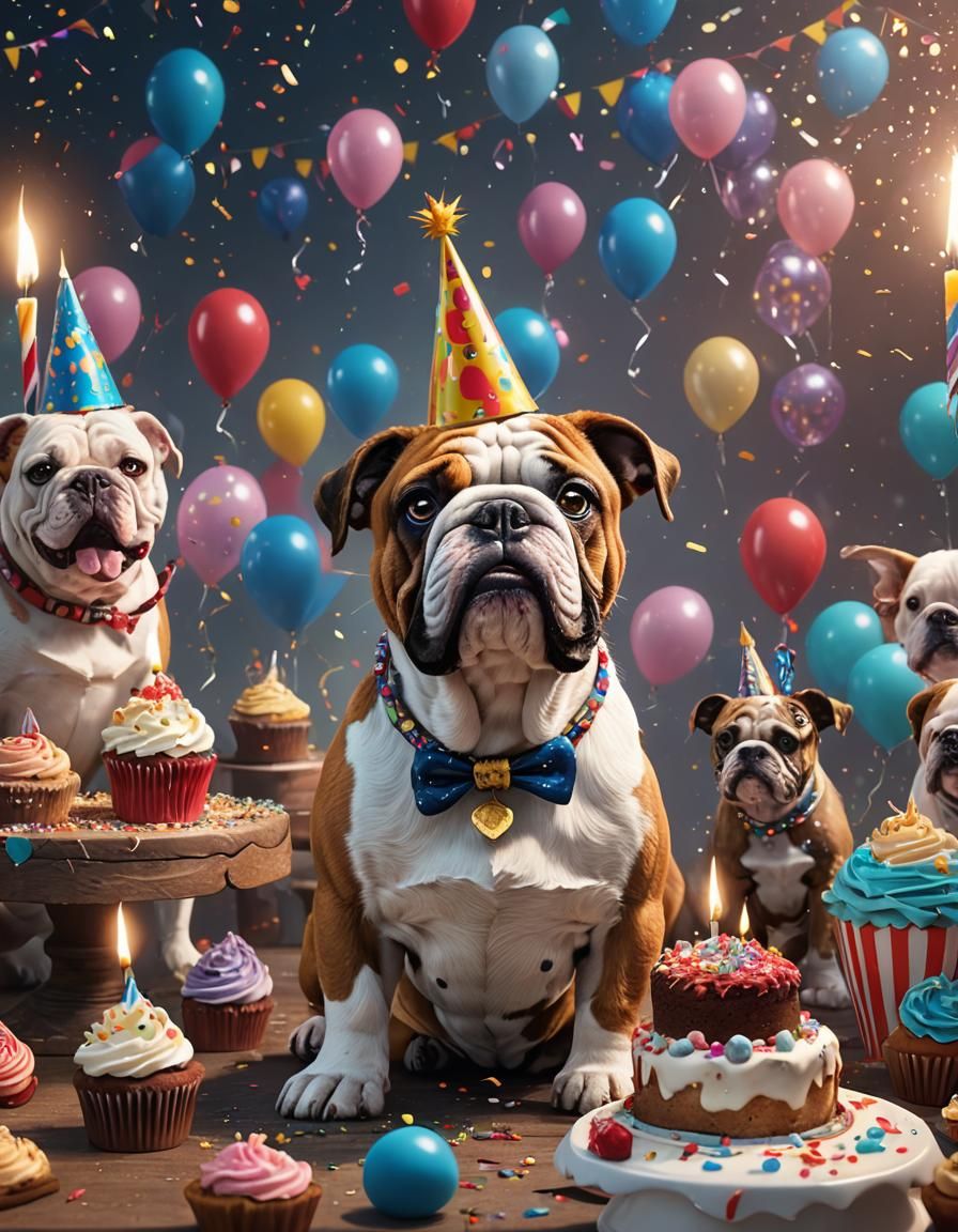 Bulldog Birthday Celebration with Cake and Sparkles
