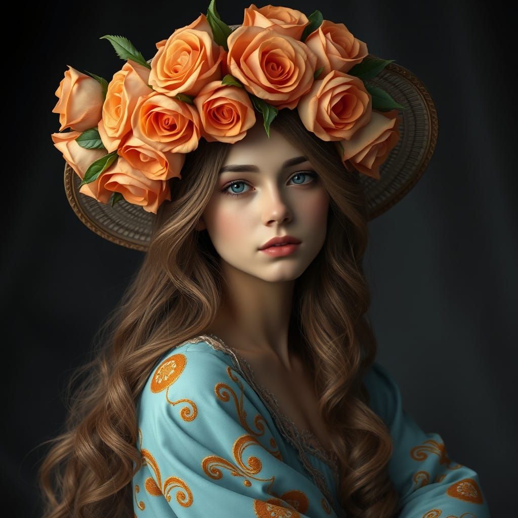 Ethereal Fantasy Woman in Floral Hat with Mystical Backdrop
