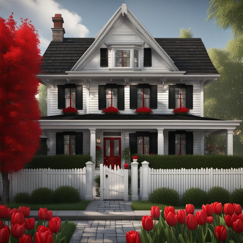 1920 White colonial house, black roof red door, black shutte...