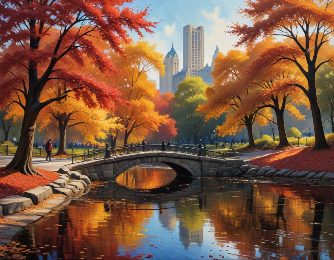 Impasto Oil Painting of Autumn in Central Park