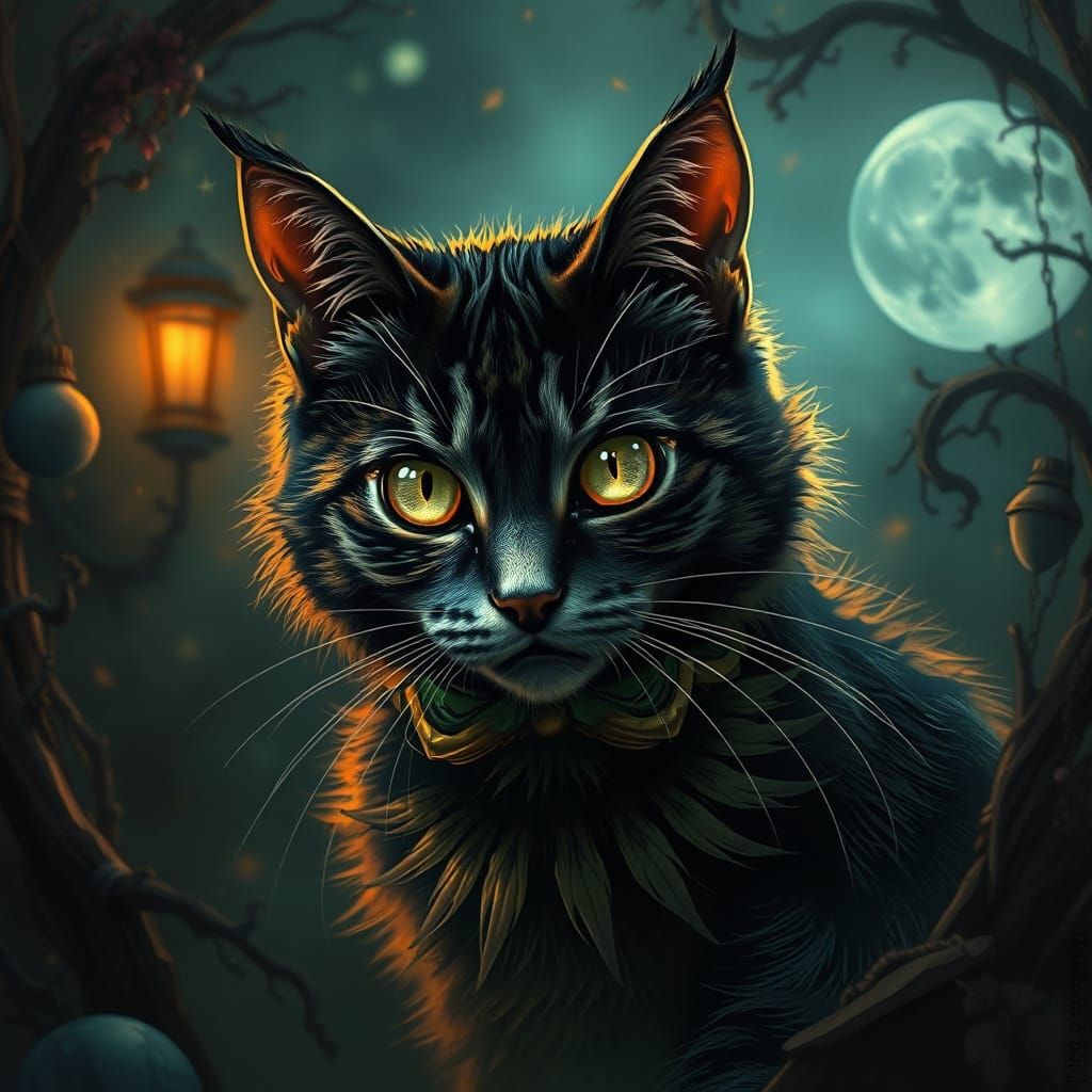 Eccentric Cat in a Dark, Whimsical World, as if Painted by A...