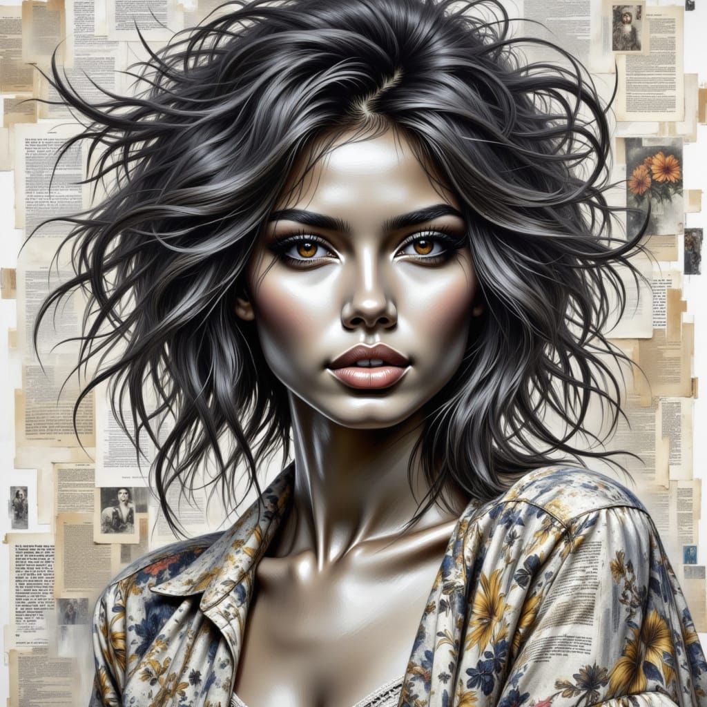 Pencil Sketch of Woman Against Book Page Collage