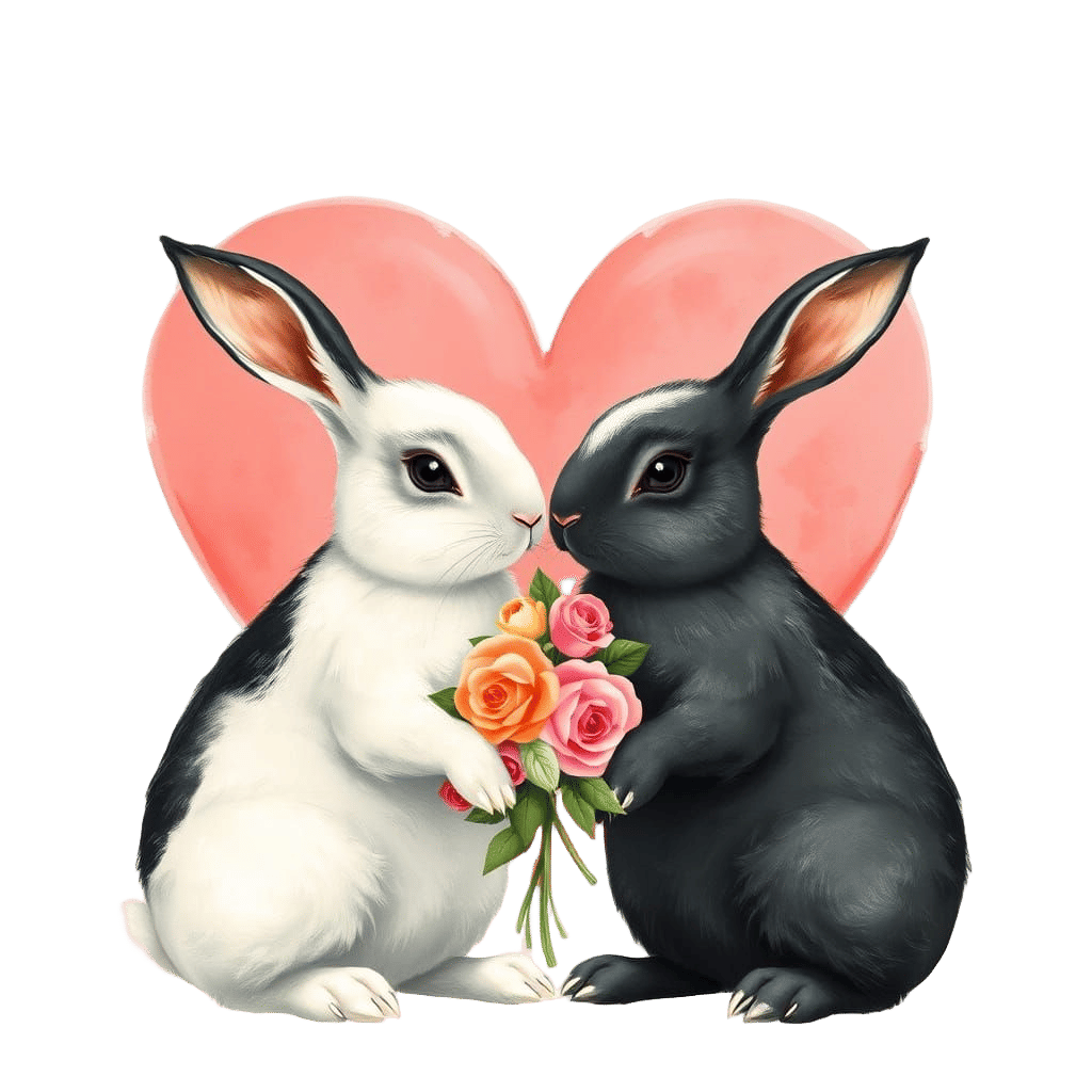 Two Black and White Rabbits Stand Before a Pink Heart with F...