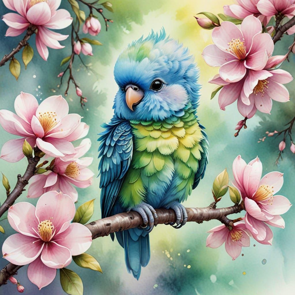 Psychedelic Chibi Parakeet on Magnolia Branch in Watercolor