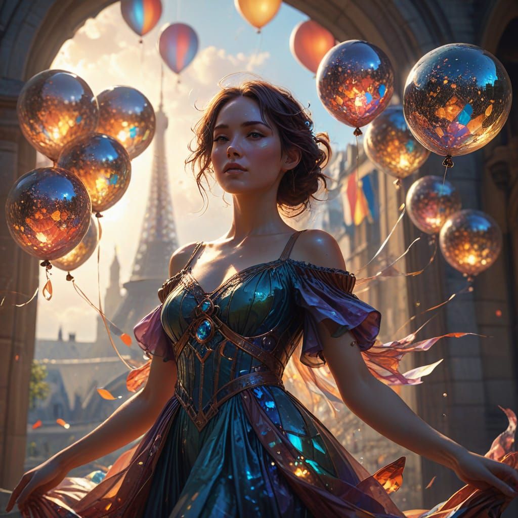 Woman in Stained Glass Dress with Balloons