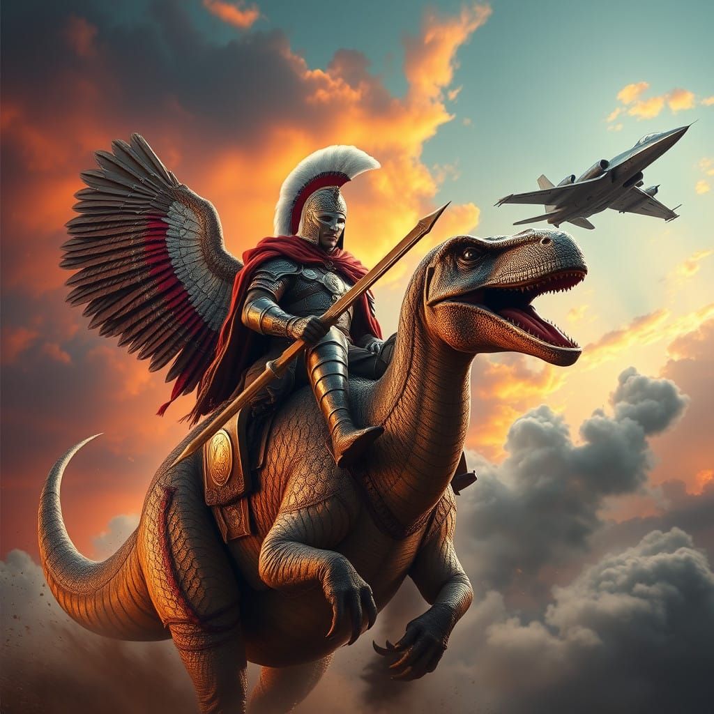 Polish Hussar Warrior in Epic Battle on a Dinosaur, with Jet...