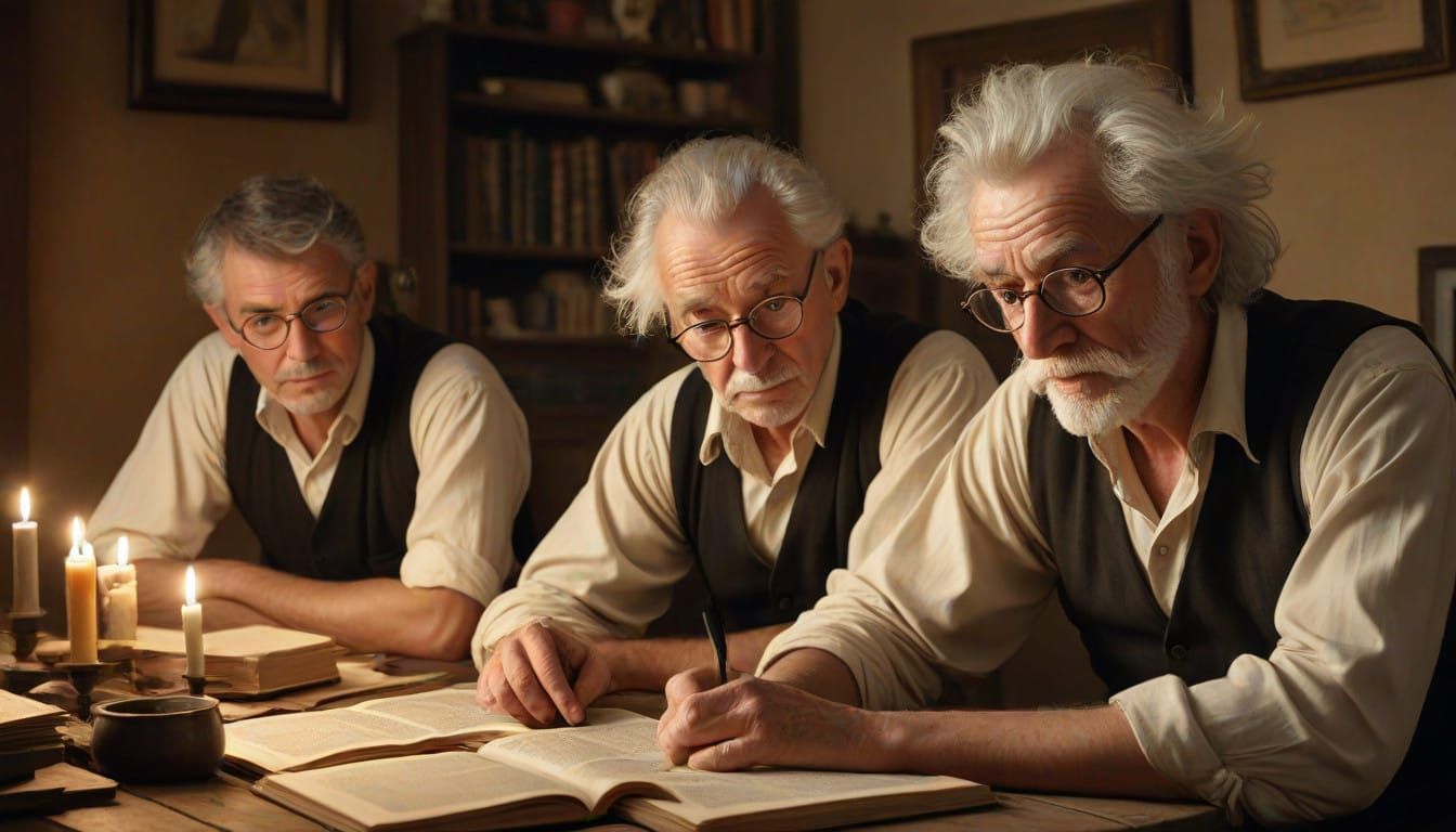 Elderly Scholars Surrounded by Dusty Tomes in Warm Golden Li...