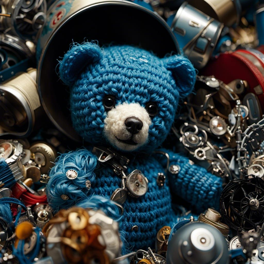 Blue Crochet Teddy Bear in Rubbish Bin