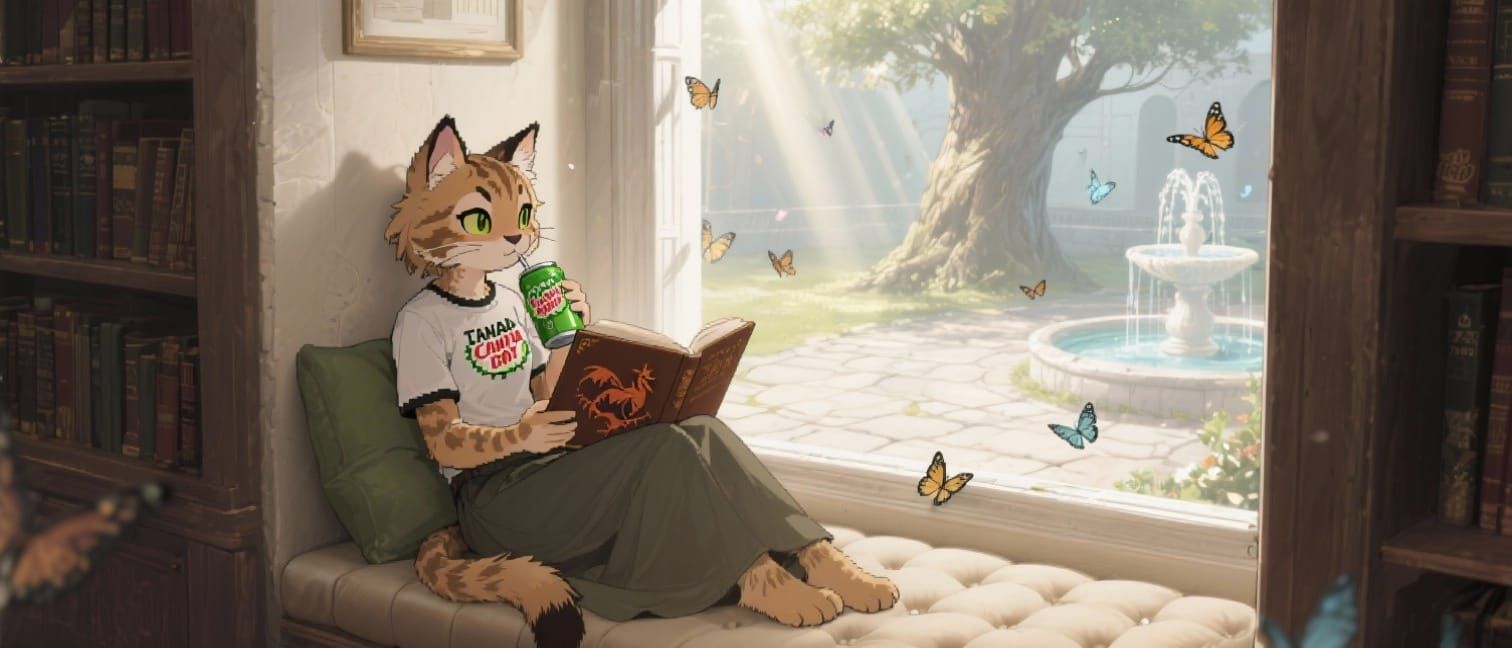 Anthropomorphic Lynx Reading in Library Nook