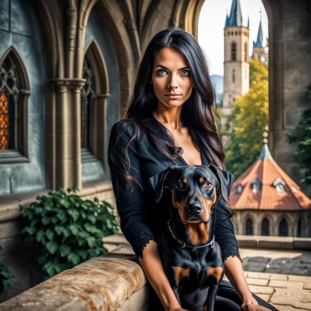 Young Woman with Dobermann in Gothic Castle