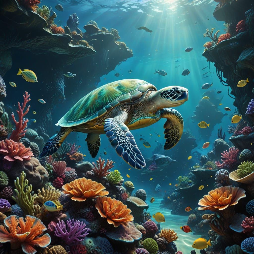 Hyperrealistic Coral Reef Scene with Sea Turtle