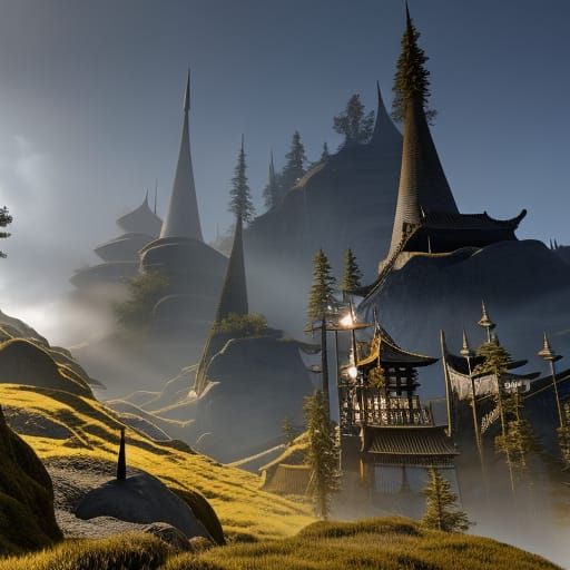 Ethereal Mountain Fortress in Digital Illustration