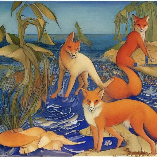 Foxes' Seaside Adventure in Classic Illustration Style
