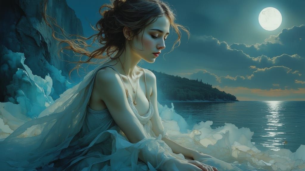 Ethereal Woman in Moonlit Dreamscape, Digital Art