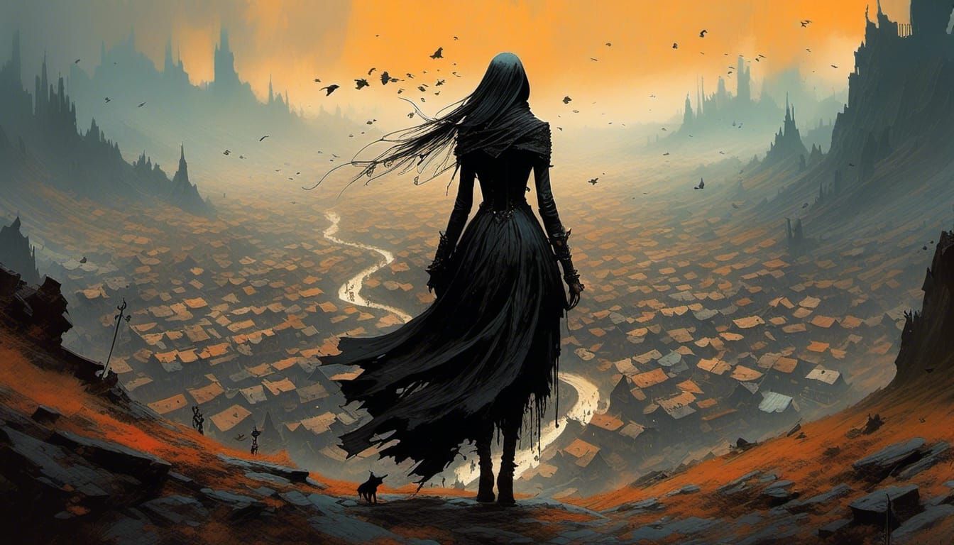 Fantasy Scene: Long Black Veil in 3D Shading