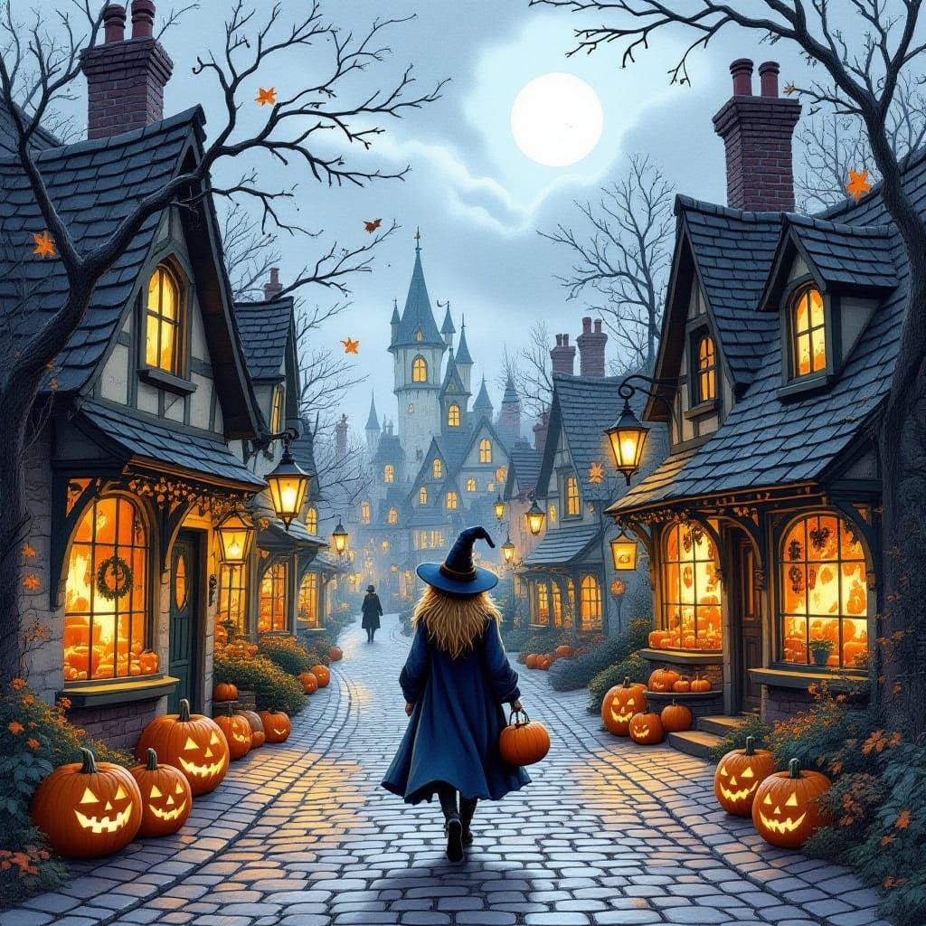 Whimsical Halloween Town Scene in Folk Art Style