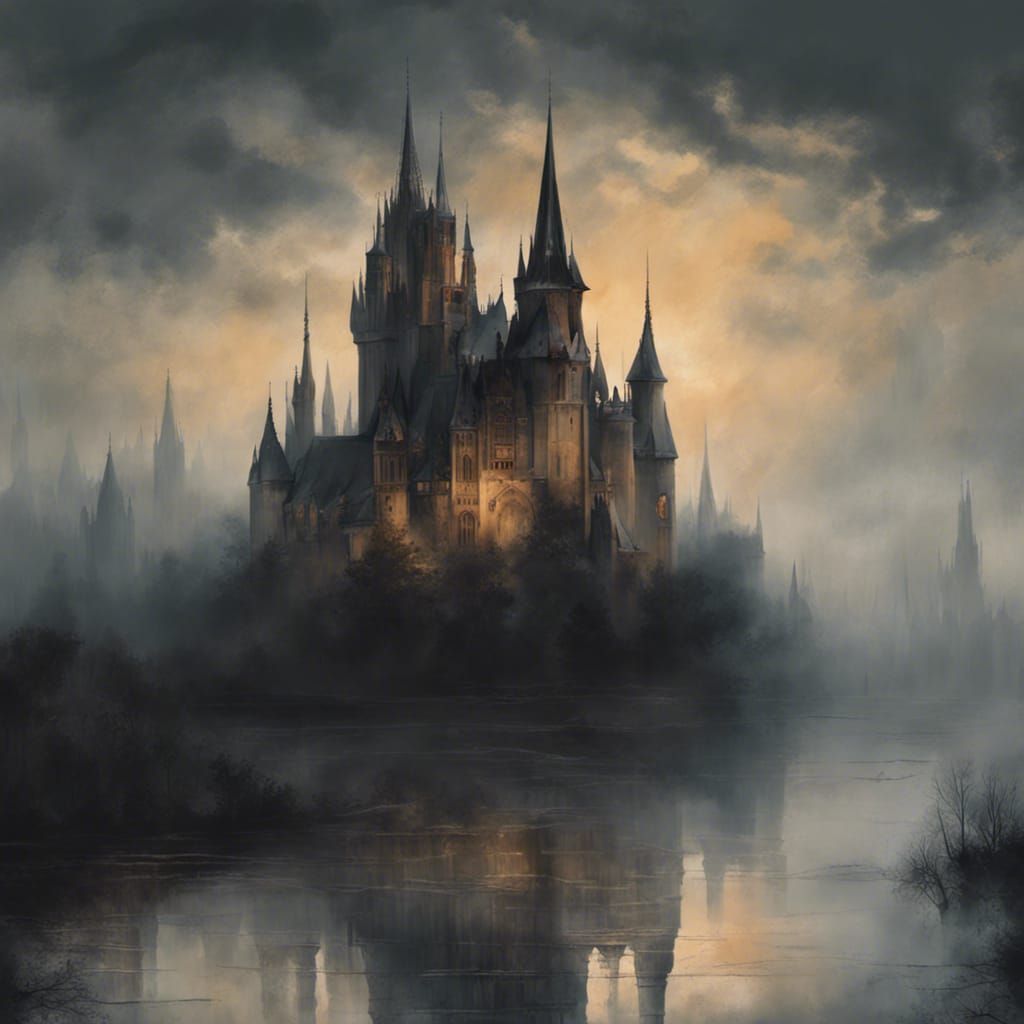 Eerie Gothic Castle in Misty Romanticism Painting