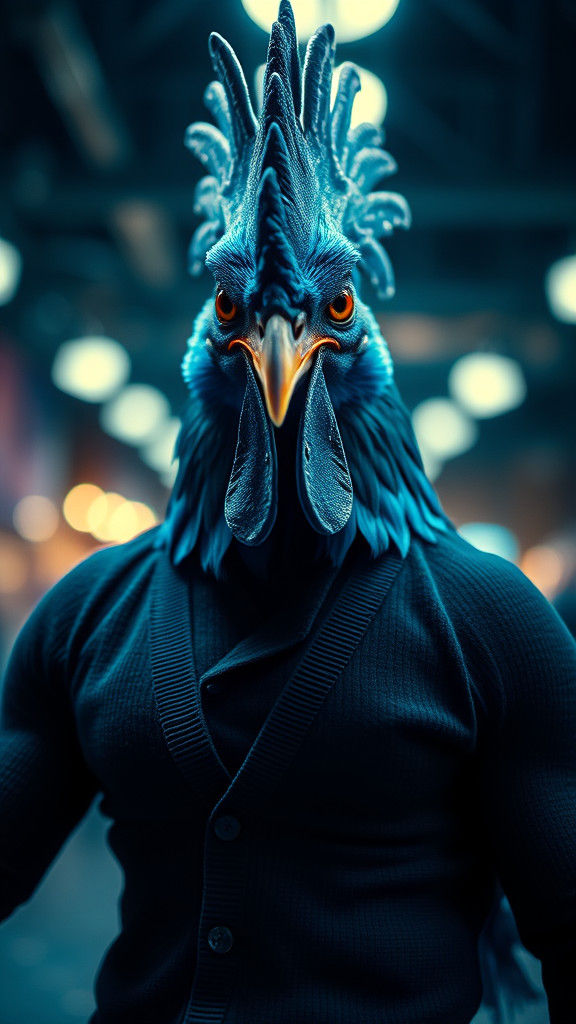 Distorted Polaroid of a Blue Bodybuilder Rooster