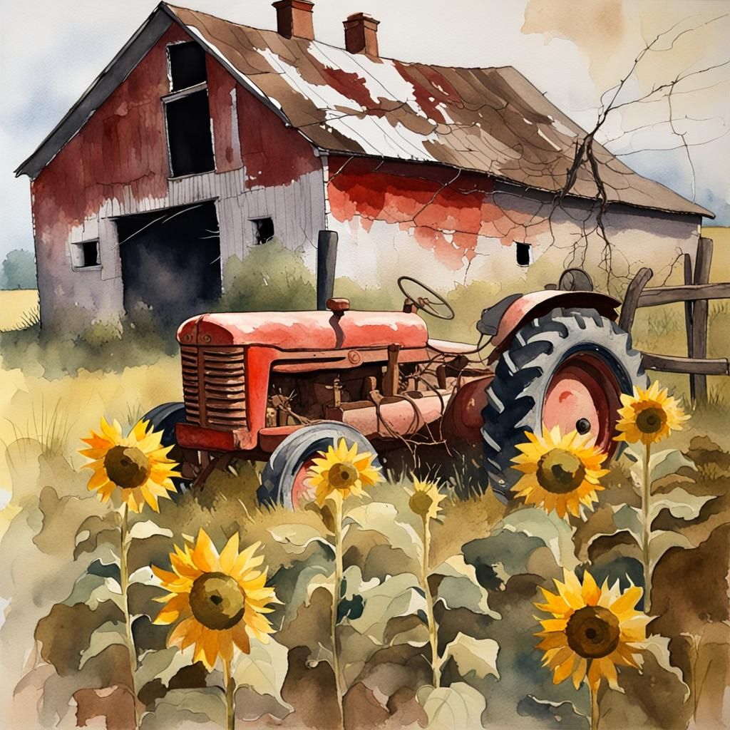 Vintage Farmhouse with Tractor in Watercolor Style