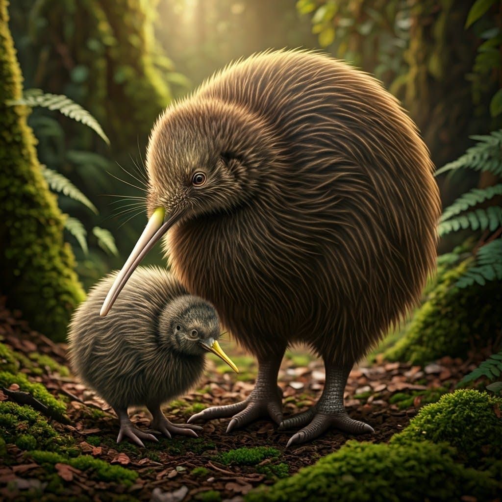 Mother Kiwi Bird Protects Her Downy Chick in Lush Forest Und...