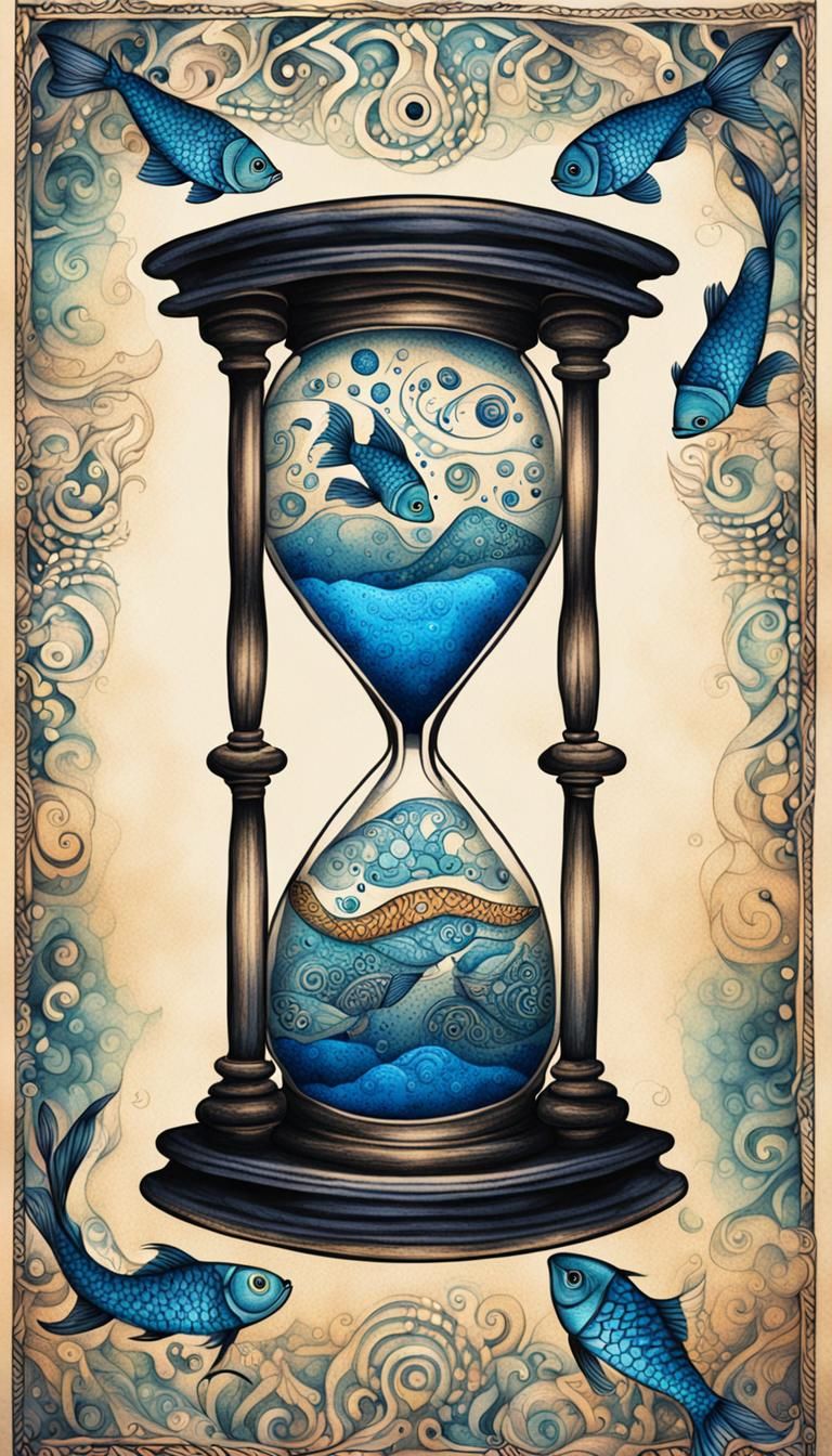 Whimsical Hourglass with Blue Sand and Fish