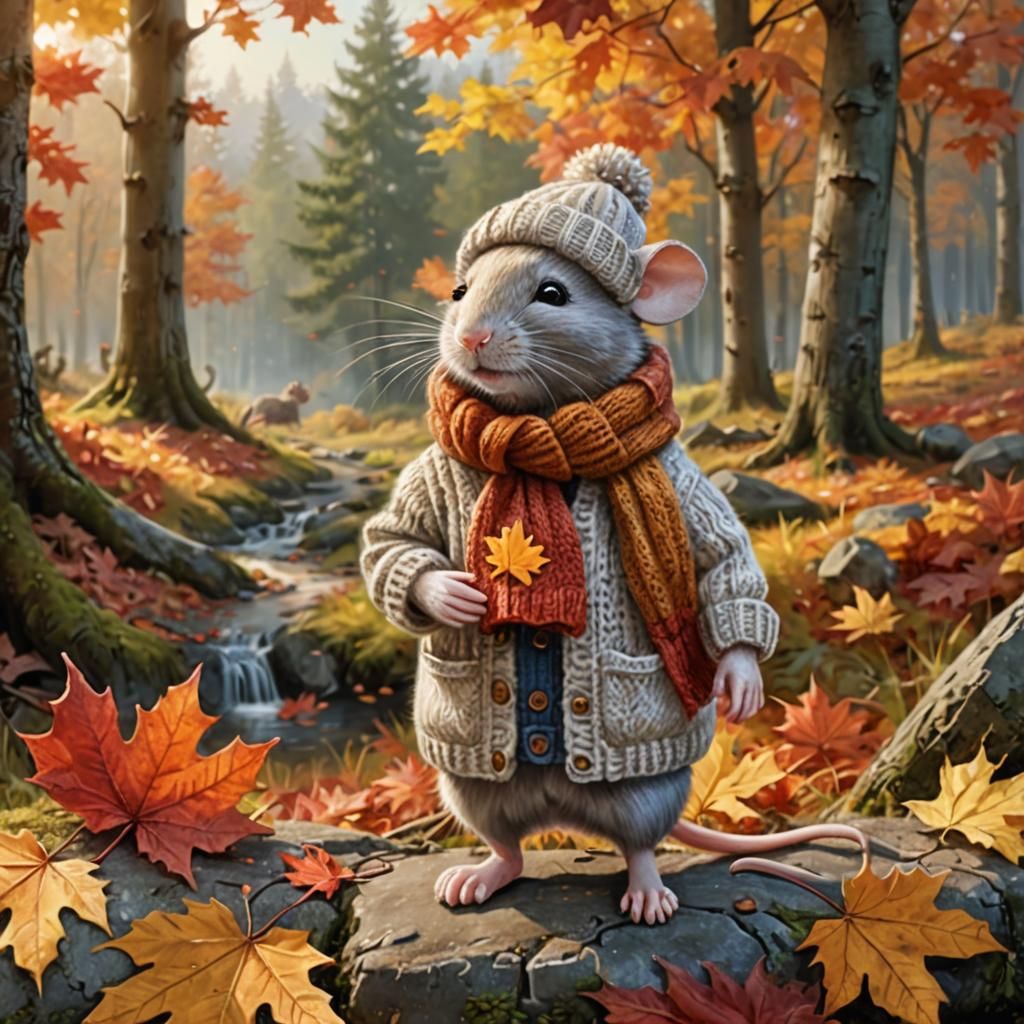 Mouse in Autumn Forest Landscape: Digital Art