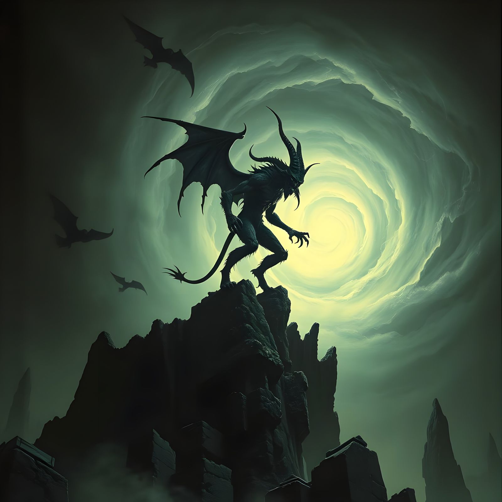 Biomechanical Demon in Dark, Eerie Landscape