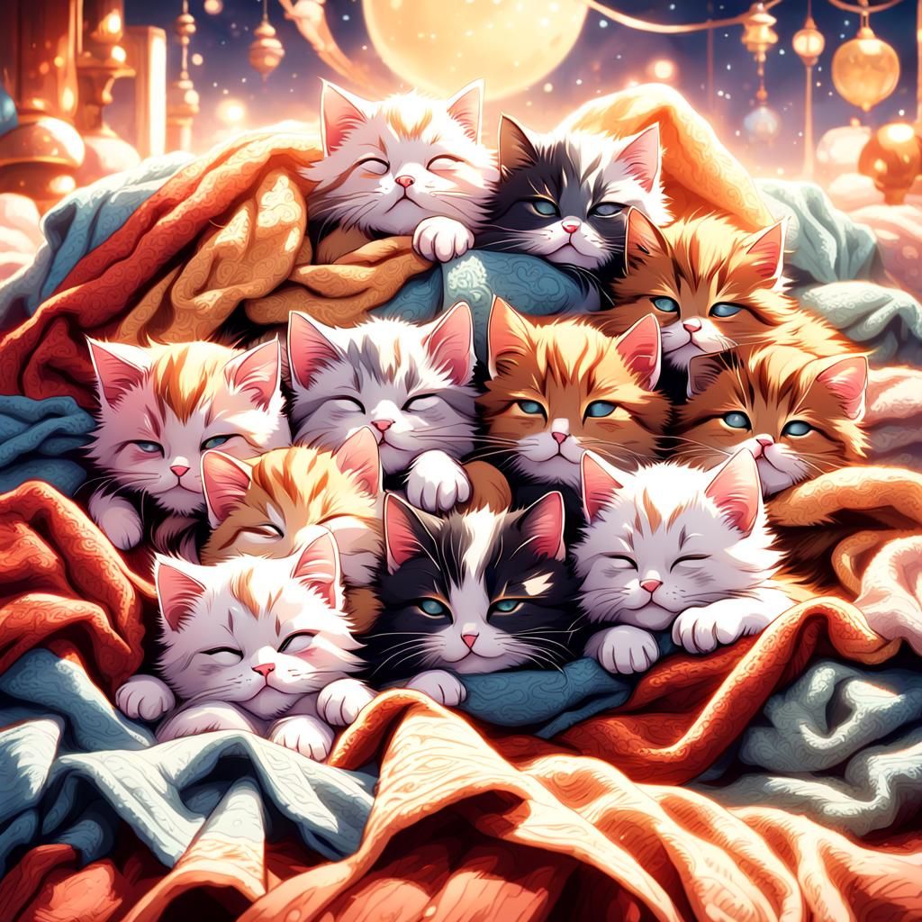 Anime Kittens Napping in Soft Light