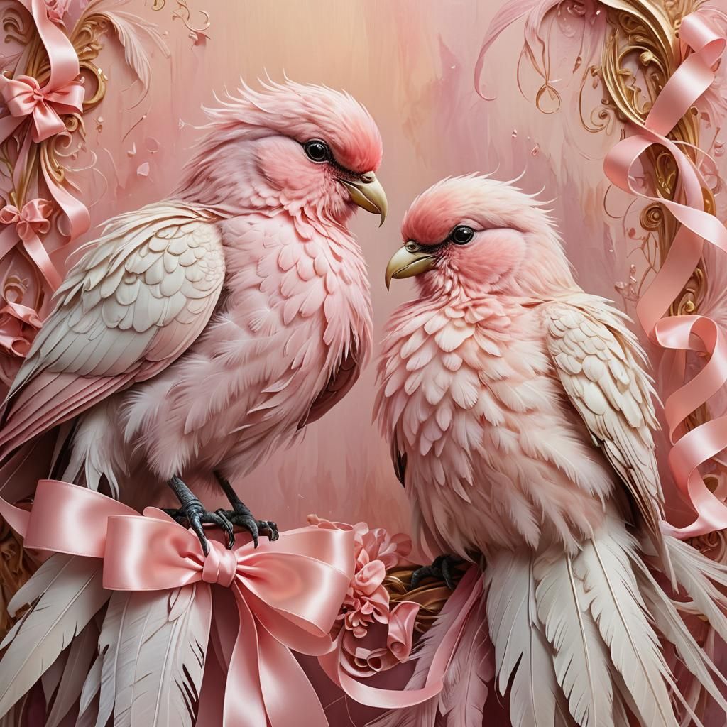 Pink Birds with Ribbon: Fantasy Oil Painting