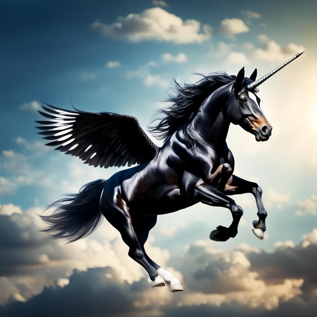 Black Winged Unicorn in Flight: Realistic Photography