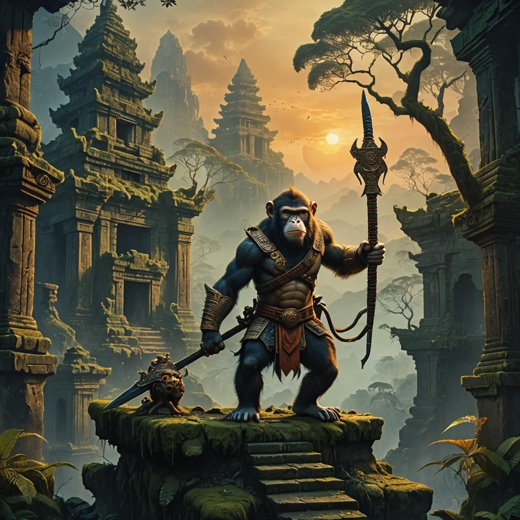 Monkey Warrior on Ancient Ruins in Dark Fantasy Style