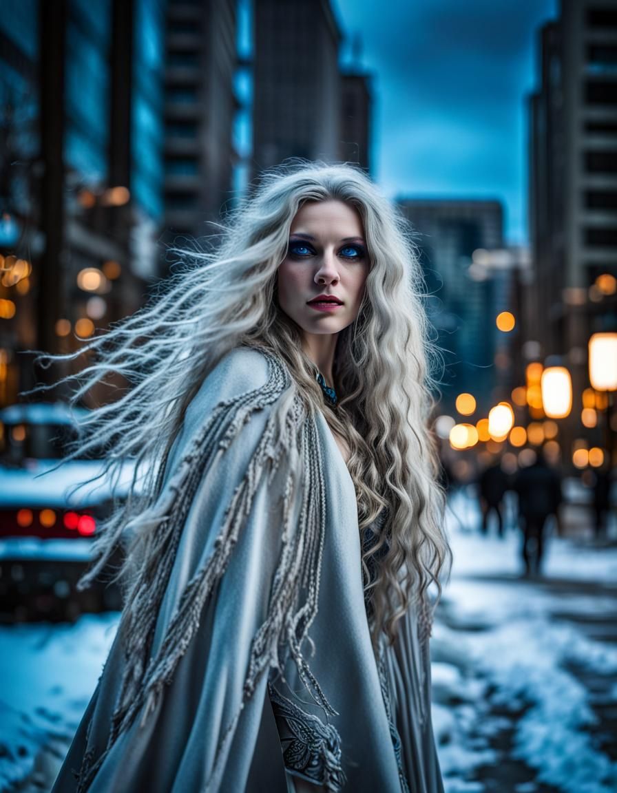 Modern White Witch in Denver on Winter Night