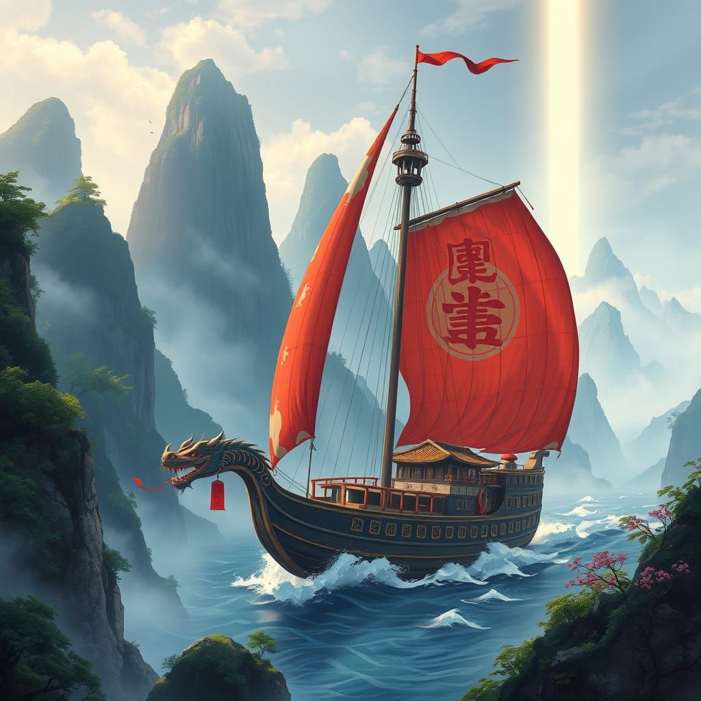 Vibrant Oriental Junk Ship Sails Through Lush Mountains in F...