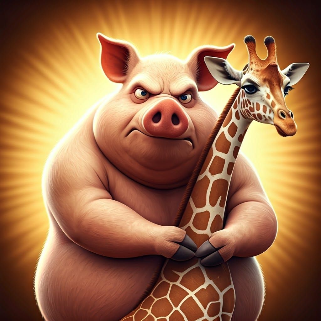 Protective Pig Defends Elegant Giraffe Wife with Fierce Expr...