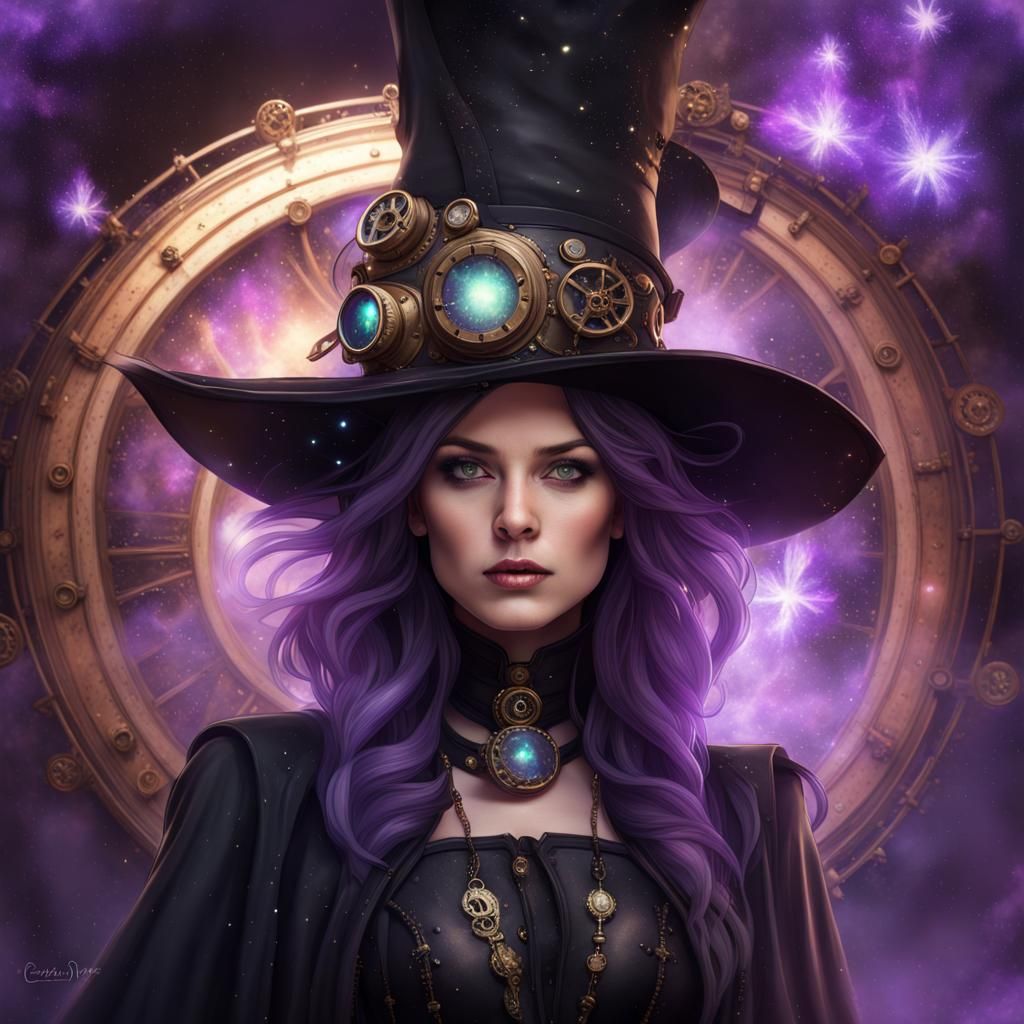 Steampunk Witch Portrait with Exploding Star Background