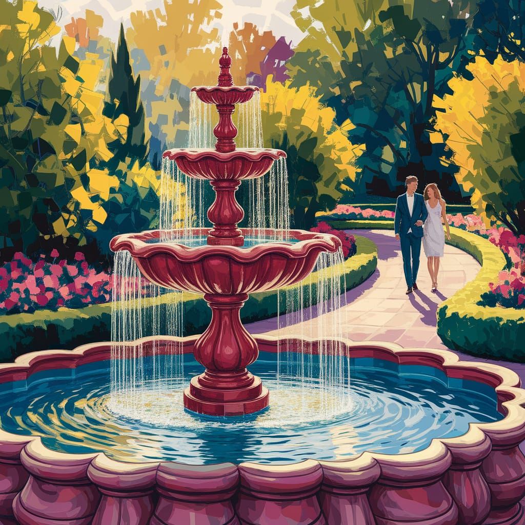 Garden Fountain in Impasto Gouache Style