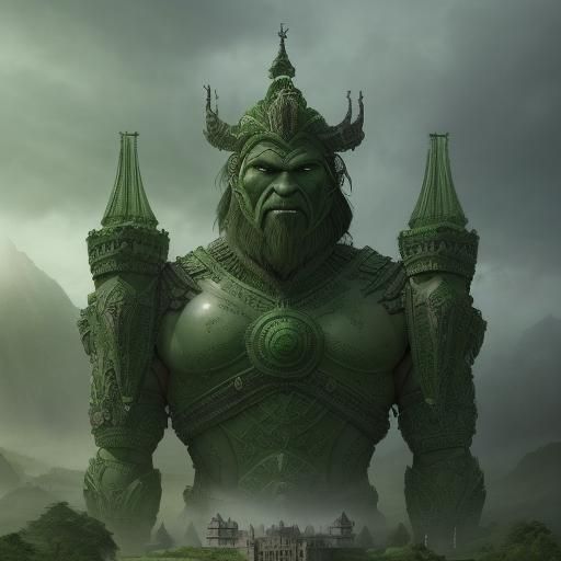 Giant Warrior in Verdant Armor at Dawn Before a Majestic Cas...