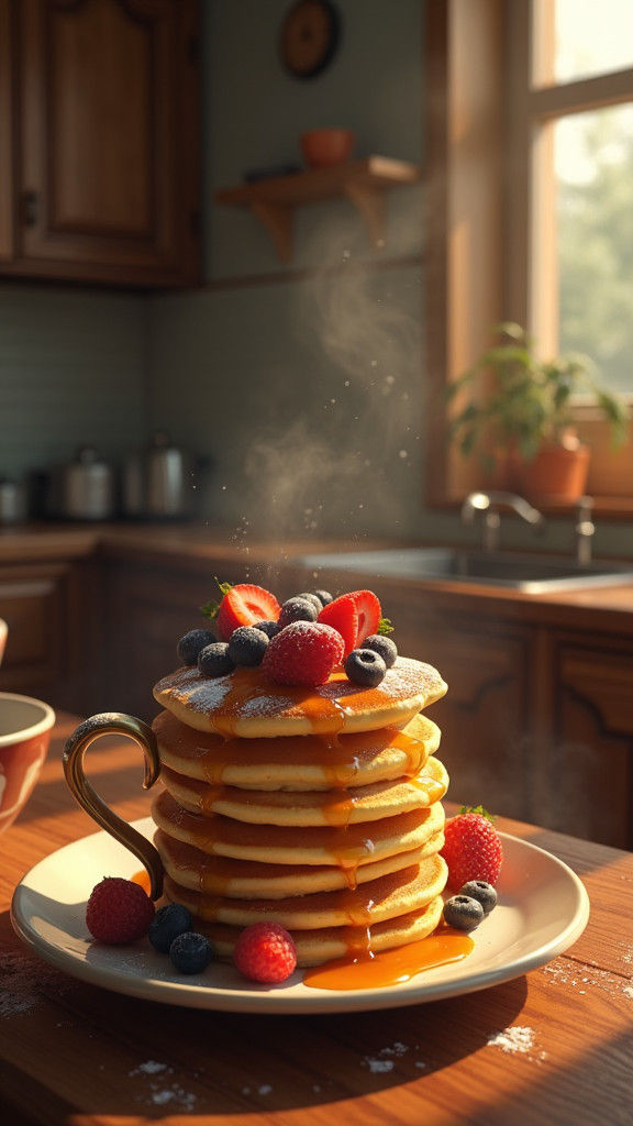 Cozy Kitchen Scene with Pancakes and Coffee