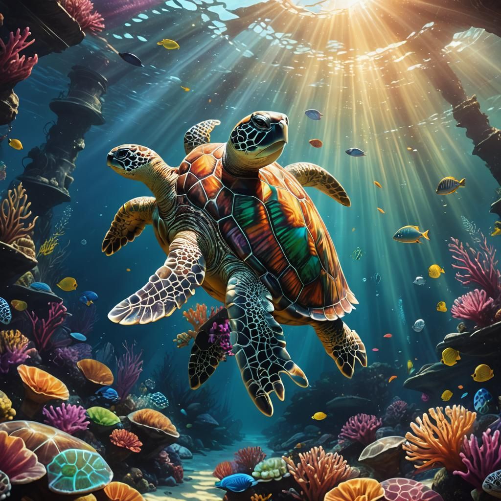 Luminous Sea Turtle Glides Through Underwater Realm