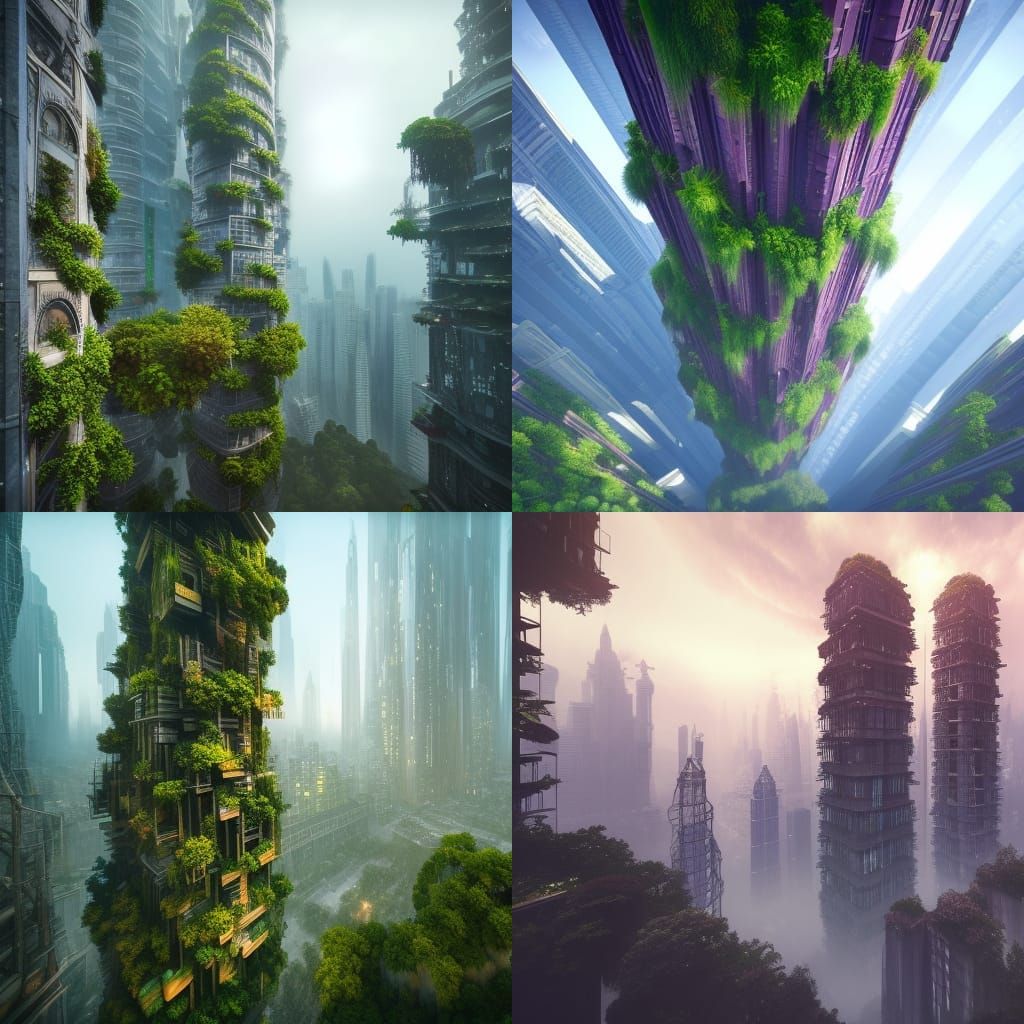 Fantastical Hanging Garden Skyscrapers in Matte Painting Sty...