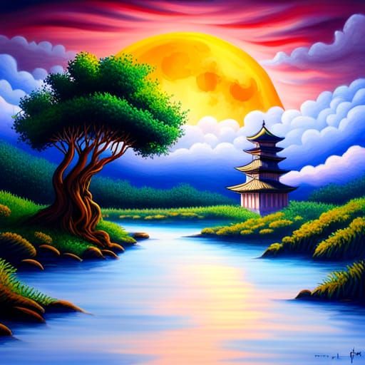 Tree and Moon Painting in Dreamy Chinese Style