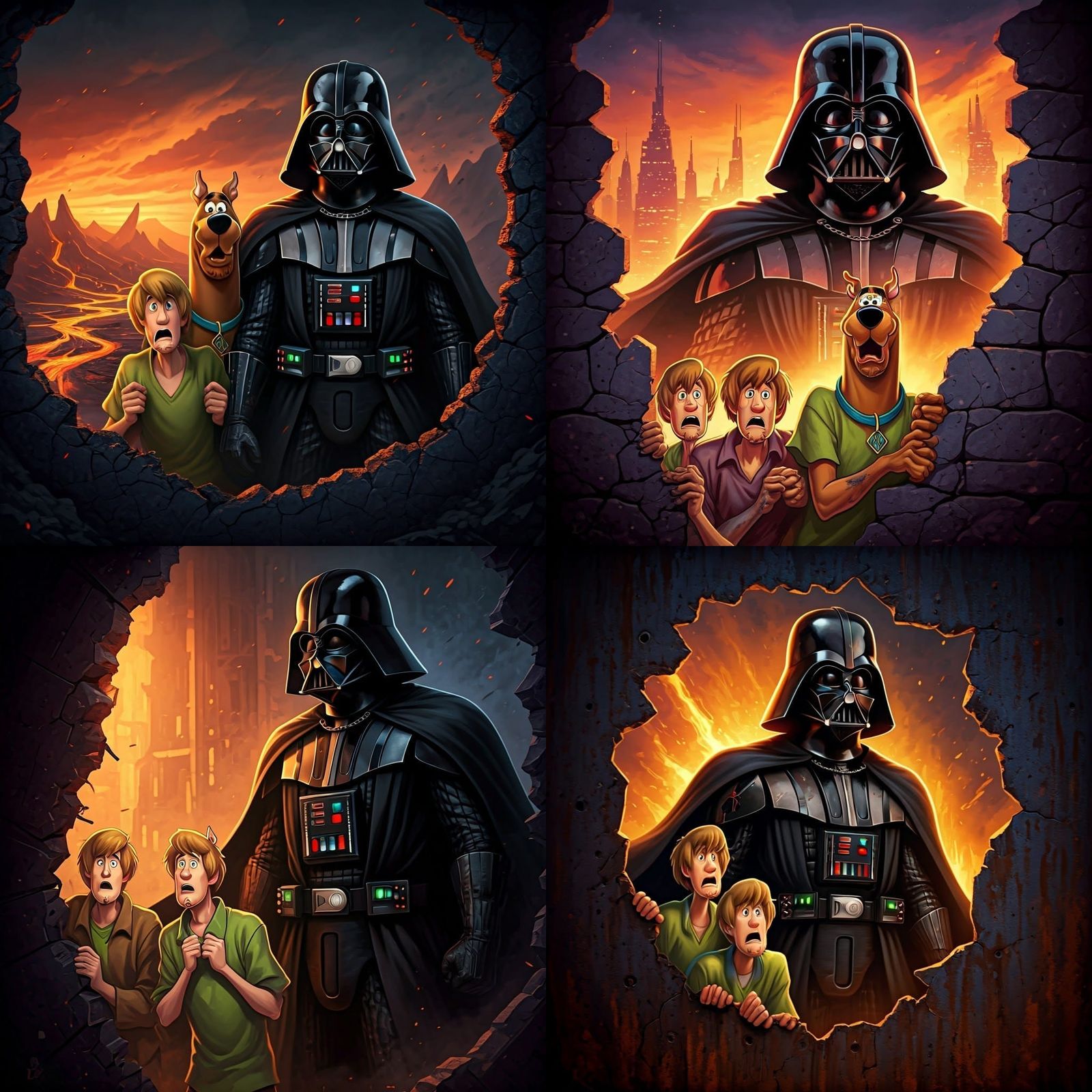Scooby Doo and Shaggy Hiding from Lava-Soaked Darth Vader