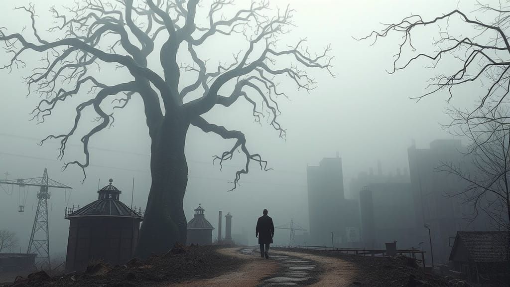 A Lone Figure Stands at the Fog-Shrouded Edge of a Desolate....