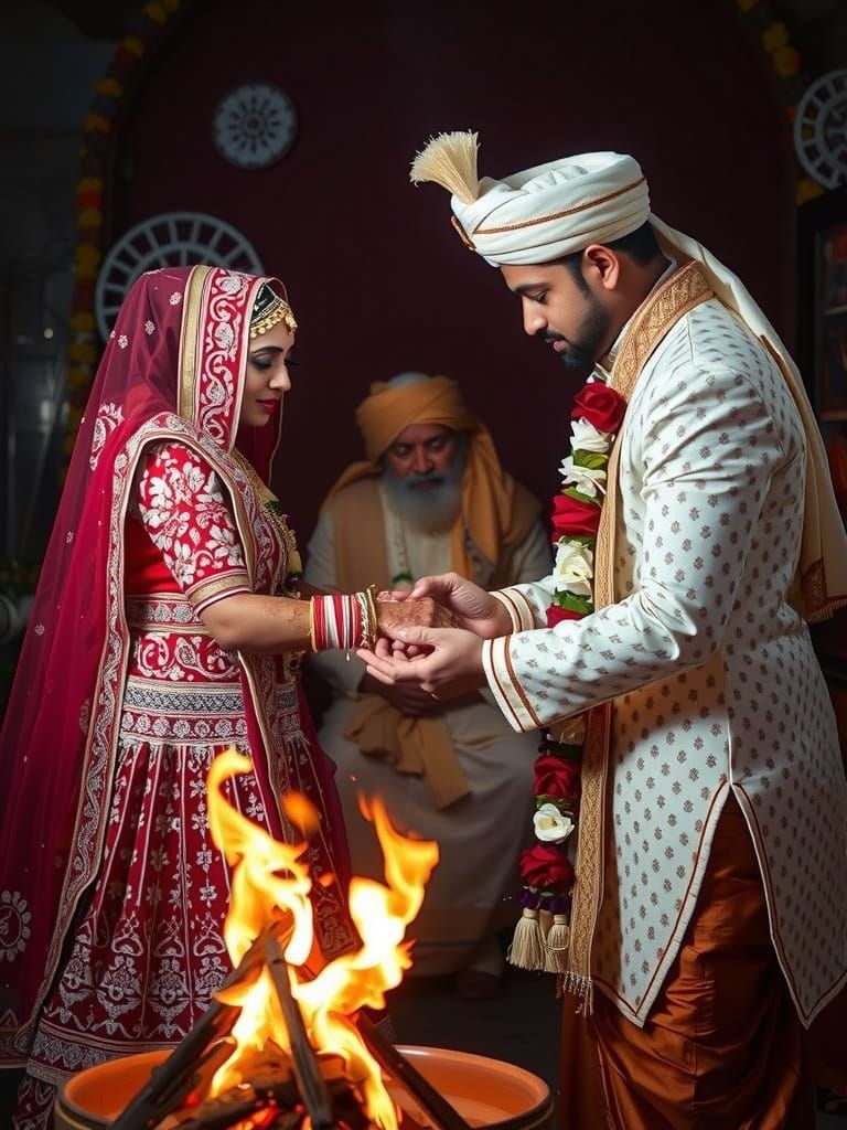 Indian Wedding Couple Makes Vows to Each Other in Sacred Fir...