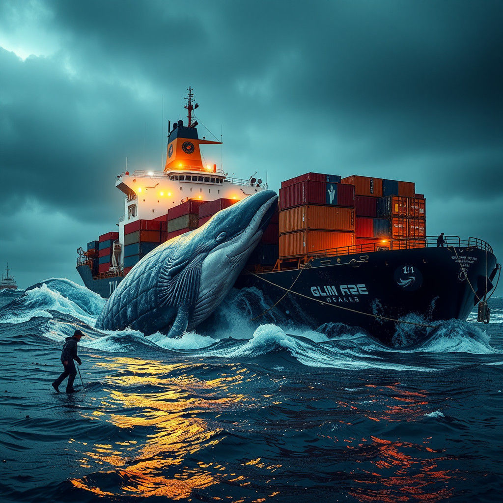 Giant Whale Crushes Cargo Ship: Hyperrealistic Image