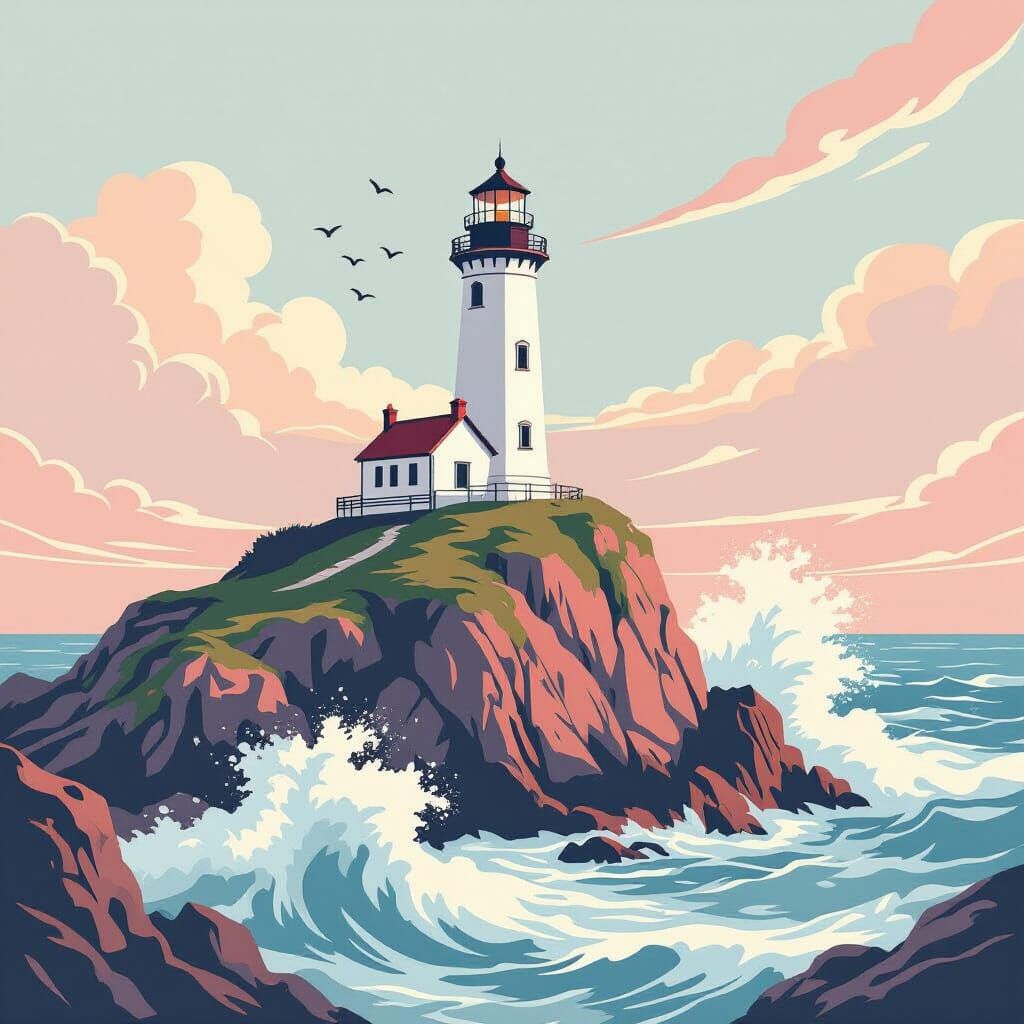 Lighthouse on Rocky Hill in Woodblock Print Style