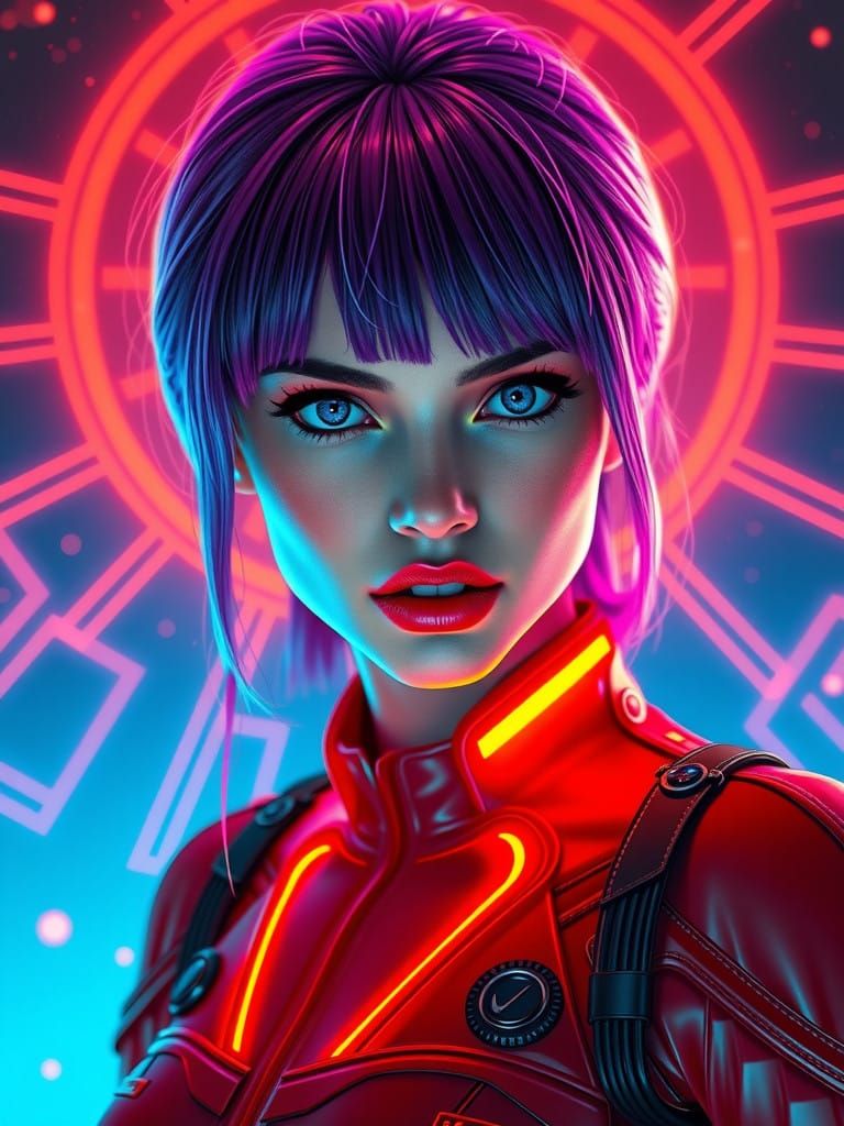Cyberpunk Goddess in Radiant Red Jumpsuit