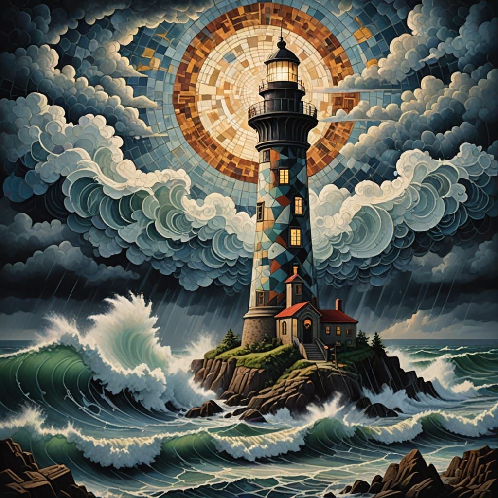 Surreal Renaissance Lighthouse Emerges from Turbulent Mosaic...