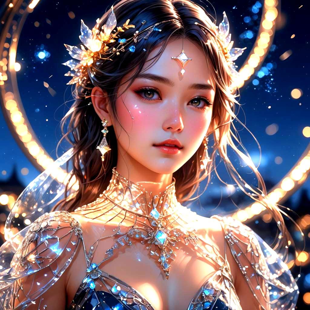 Anime Style Woman in Glass Dress with Night Sky